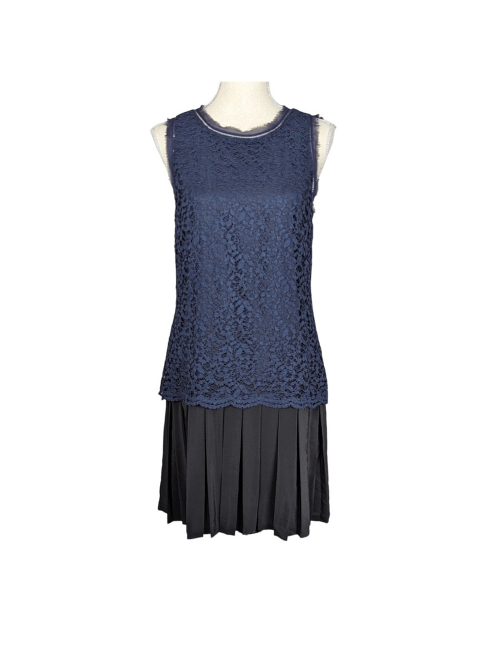 Rebecca Taylor Sleeveless Lace Top Pleated Skirt Silk Dress Navy and Black Sz 10